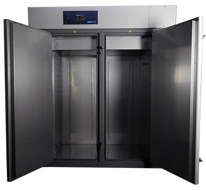 Front view of open Sheldon Manufacturing high-performance lab oven with dual stainless steel doors.