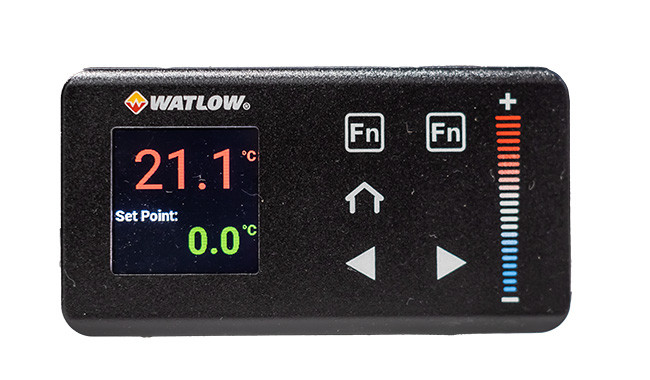 Watlow temperature controller featuring a digital display, function buttons, and a vertical status bar.