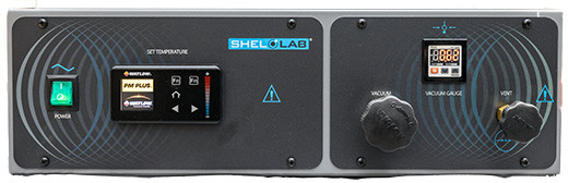 Front control panel of a Shel Lab vacuum oven, featuring a power switch, digital temperature controller, and two control