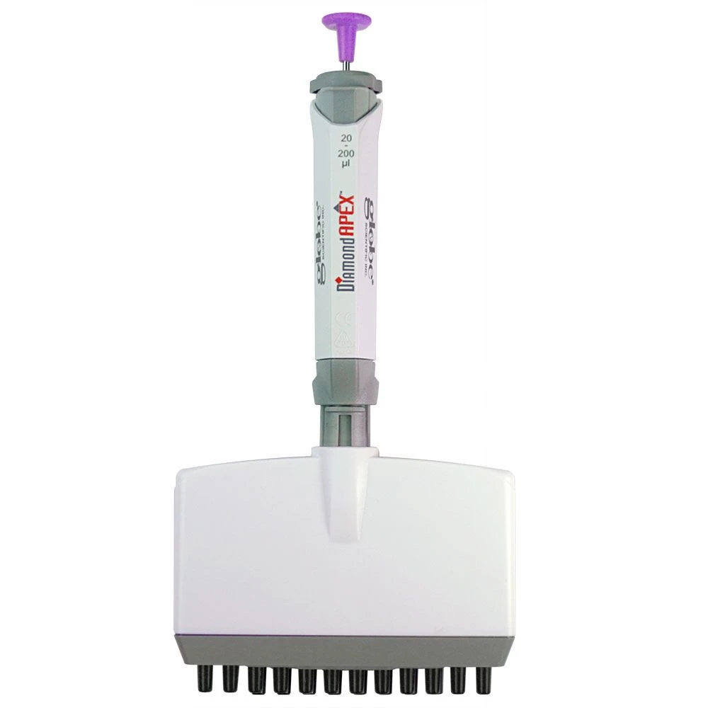 Globe Scientific DiamondAPEX 12-channel pipette with white body, grey accents, and purple push-button.