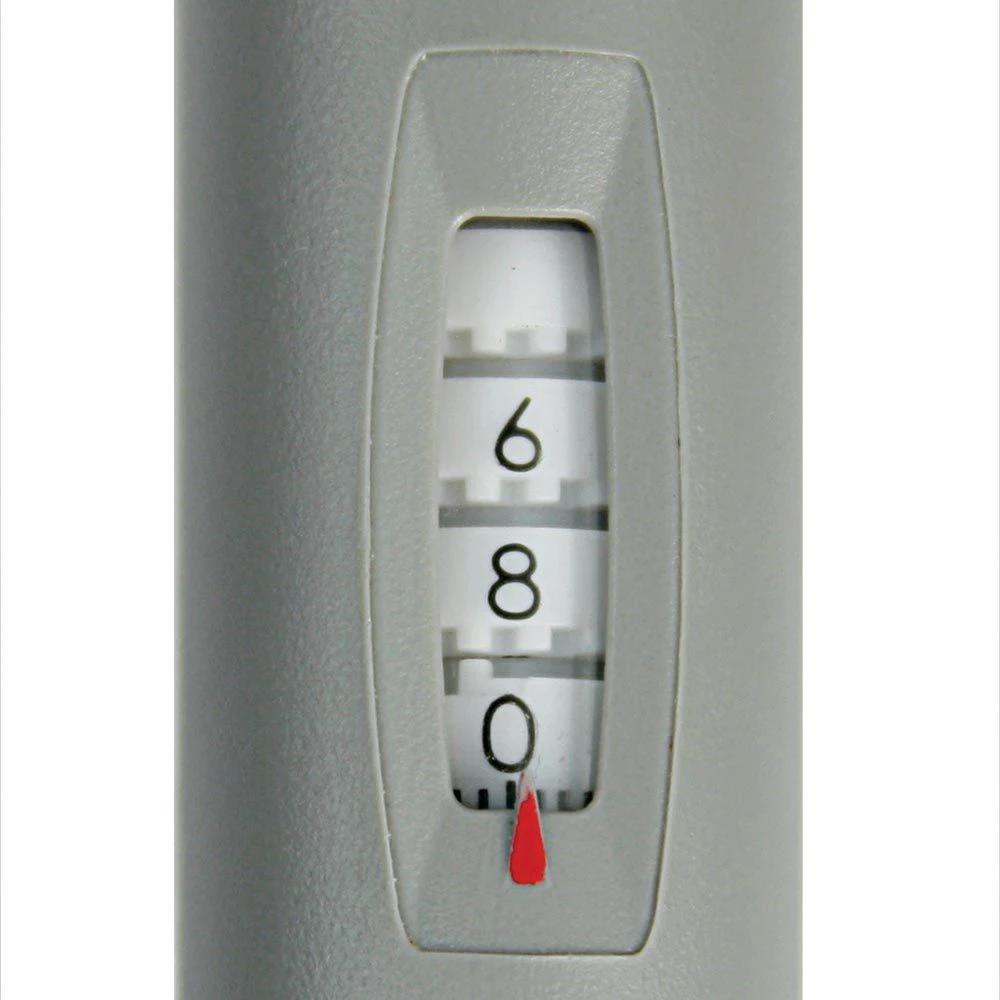 Close-up of a grey pipette volume window showing numbers 6, 8, and 0 with a red indicator pointer.