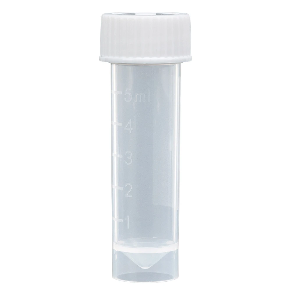 Clear plastic 5mL transport tube with white screw cap and molded graduations, upright.