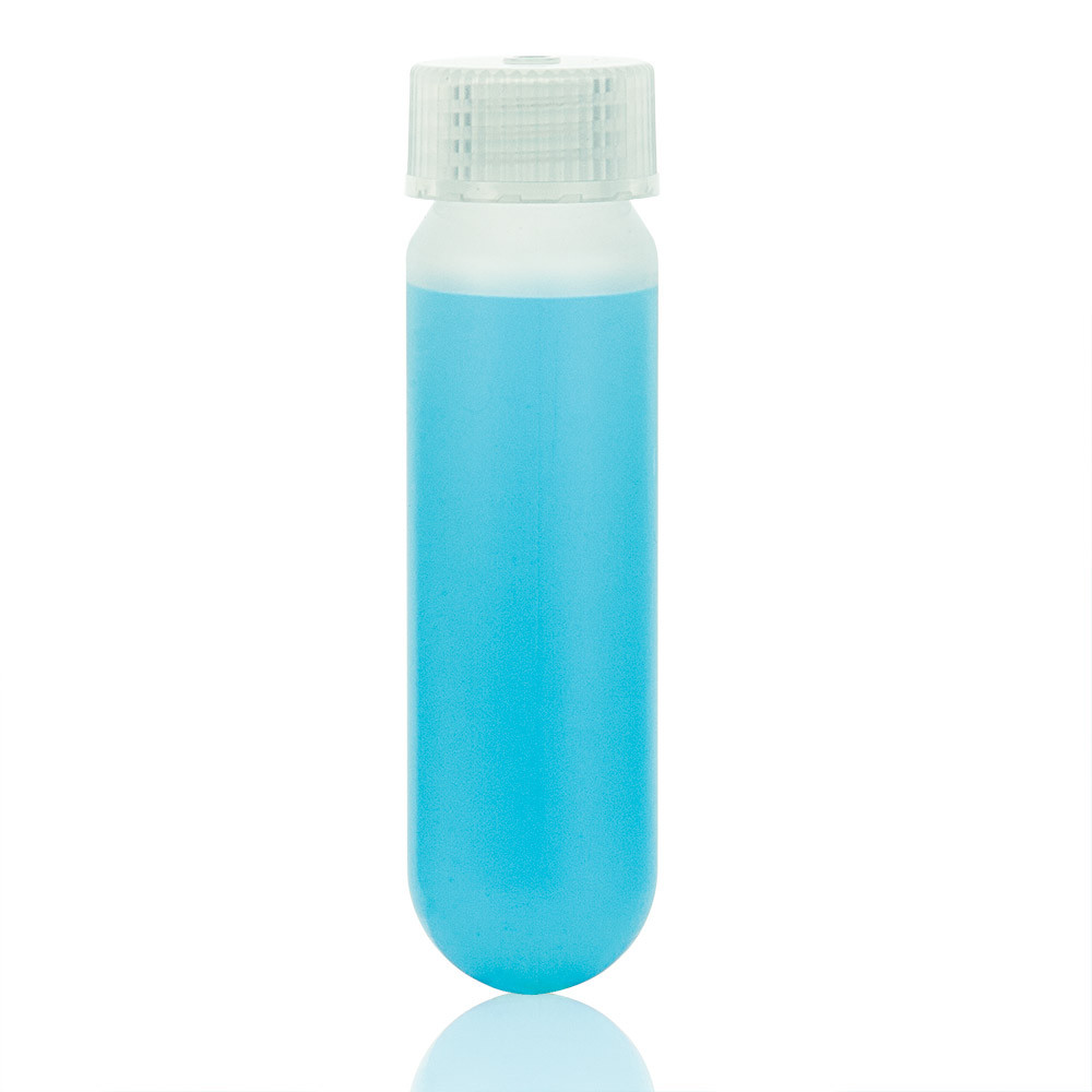 Globe Scientific 50mL polypropylene Oak Ridge centrifuge tube filled with bright blue liquid, featuring a white screw cap.