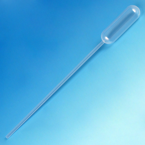 Clear plastic disposable transfer pipet with a narrow stem against a blue gradient background.