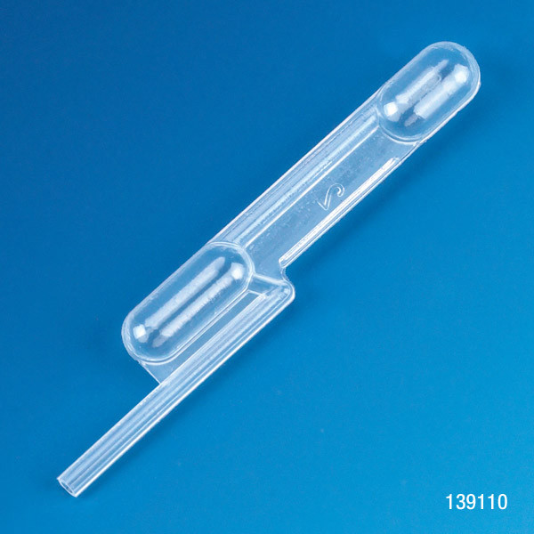 A clear, low-density polyethylene exact-volume transfer pipet angled on a blue background.