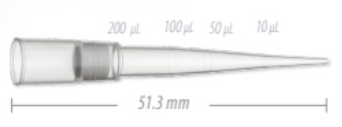 Transparent plastic 200 µL pipette filter tip with graduation marks at 10, 50, 100, and 200 µL, measuring 51.3 mm long.