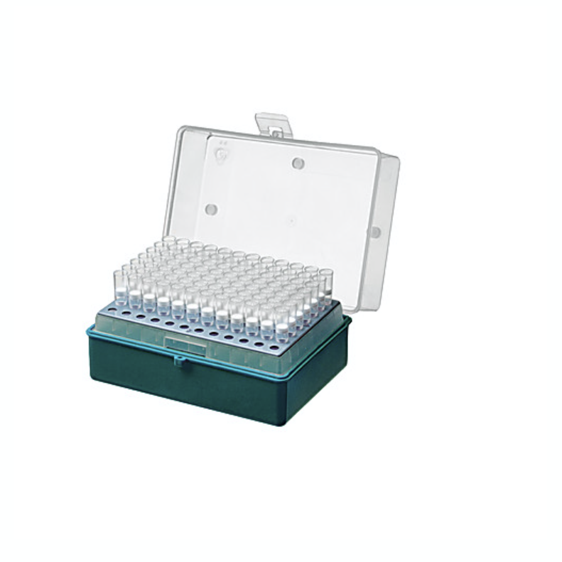 Open teal plastic tip rack containing clear pipette tips with an open clear lid.