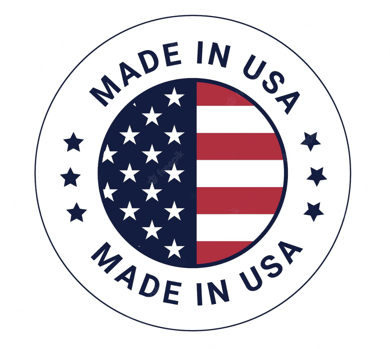 Round "Made in USA" stamp with circular American flag design and flanking stars.