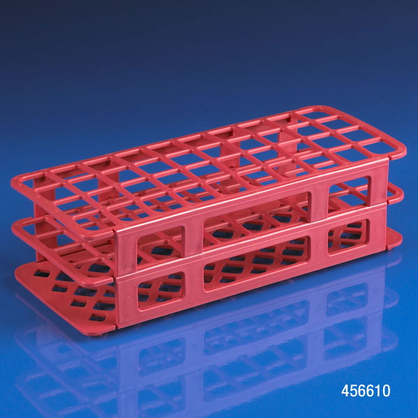 Red plastic 40-place test tube rack shown at an angle on a blue reflective surface.