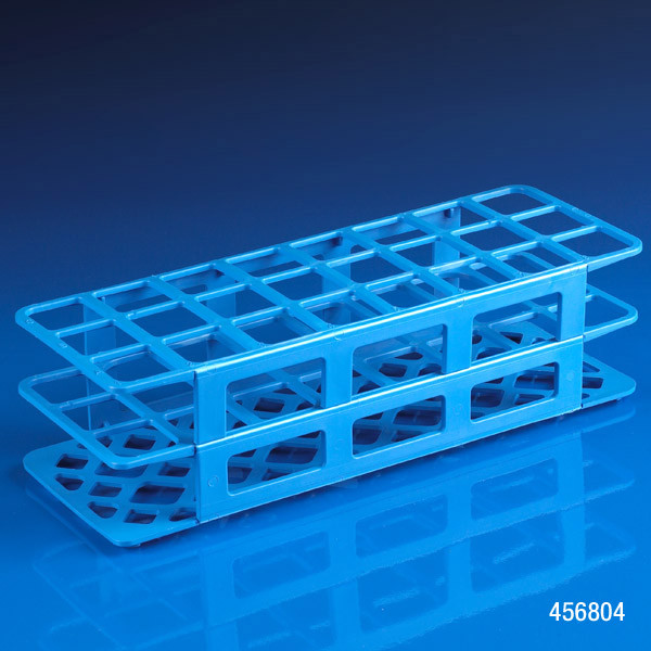 Blue plastic 24-place snap-together test tube rack viewed from an elevated angle on a glossy surface.