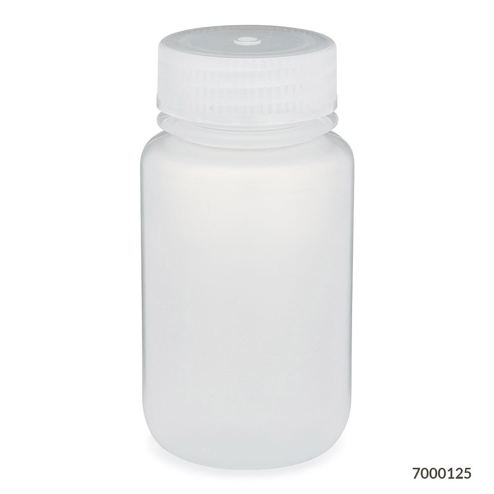 Translucent plastic wide-mouth laboratory bottle with a ribbed screw cap, viewed from the front.