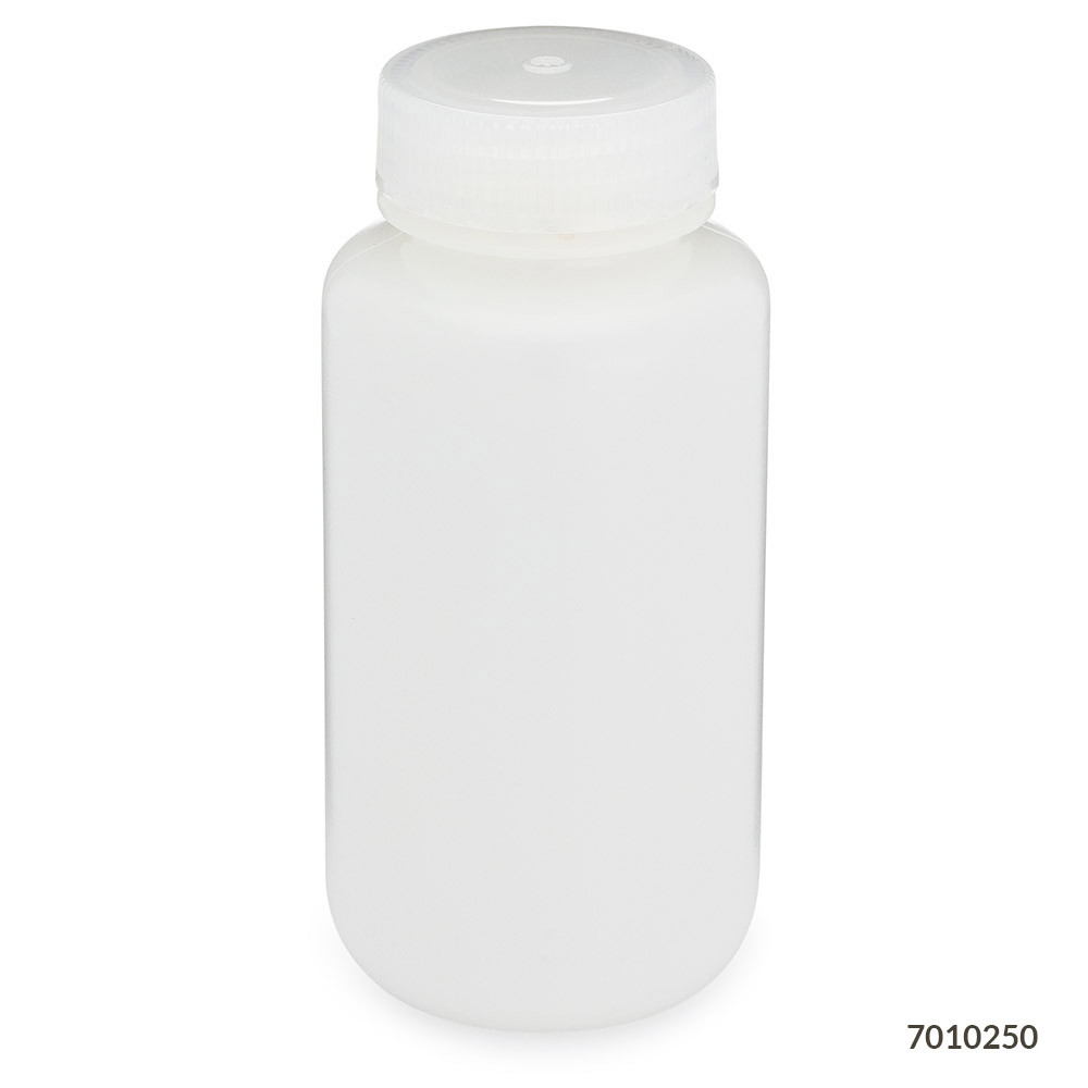 A white wide-mouth HDPE laboratory bottle with a translucent screw cap, viewed from the front.