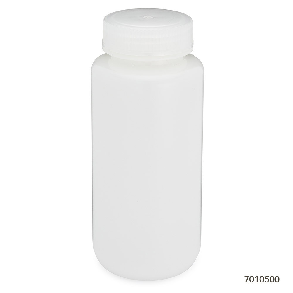 A white wide-mouth HDPE laboratory bottle with a matching screw cap, viewed from the front against a white background.
