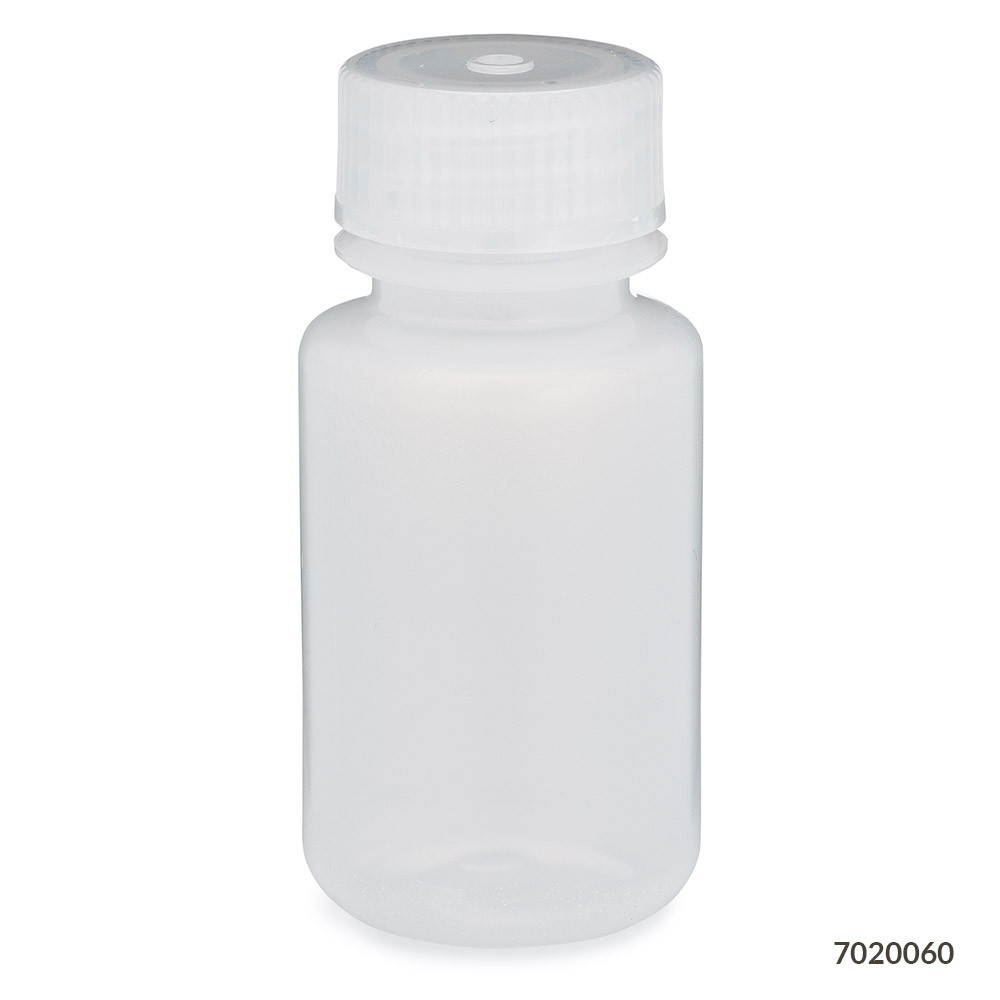 Translucent wide-mouth plastic bottle with a ribbed screw cap, viewed from the front.