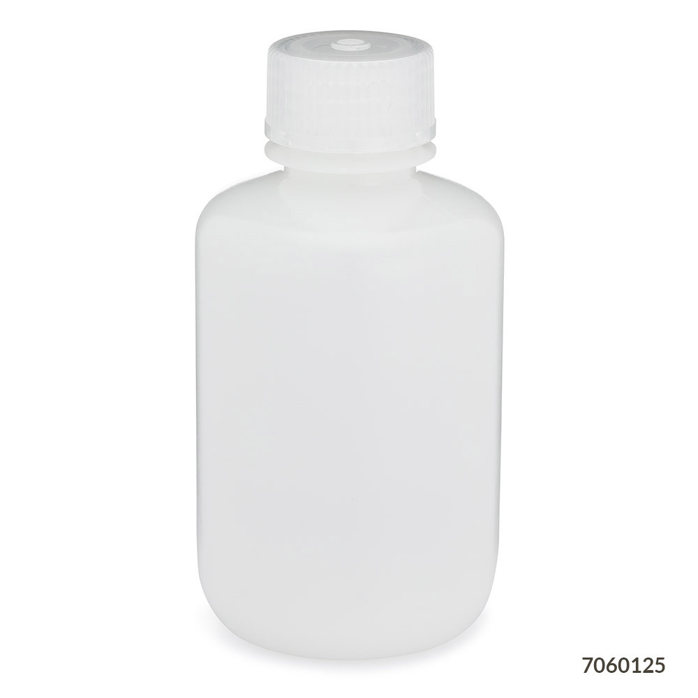 A white, semi-translucent HDPE narrow-mouth laboratory bottle with a matching screw cap, viewed straight-on.