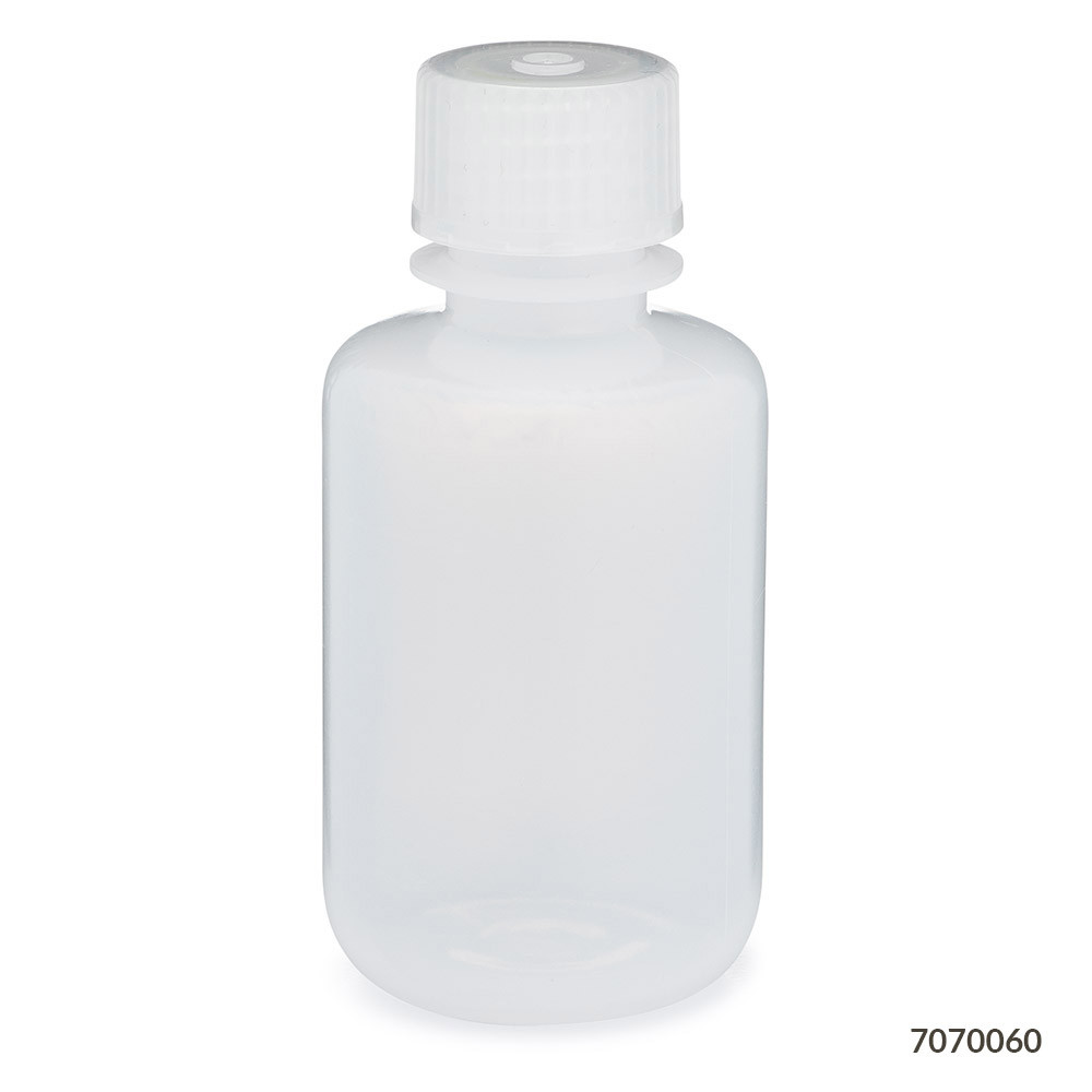 Translucent narrow-mouth plastic bottle with ribbed screw cap, standing upright against a white background.