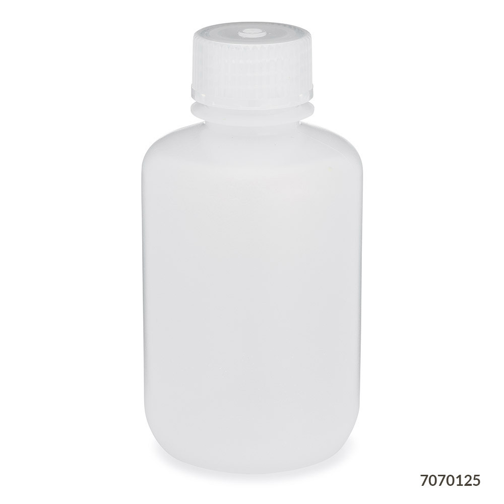 White LDPE narrow-mouth laboratory bottle with an attached screw cap, viewed straight-on.