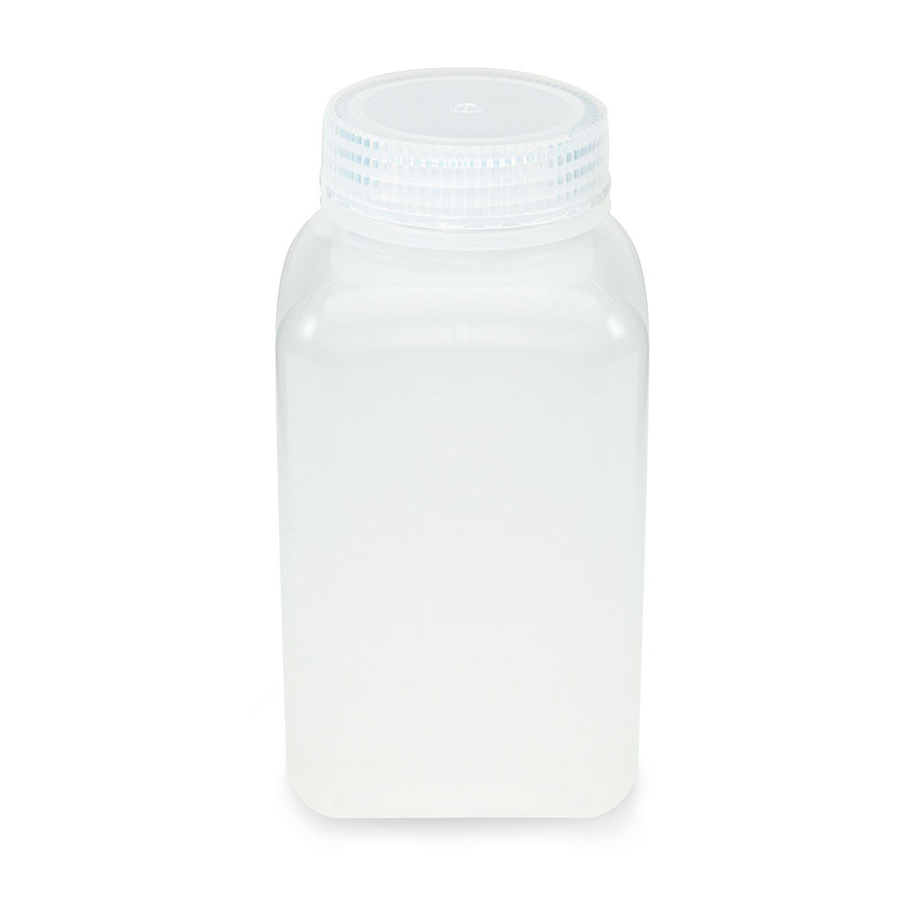 Translucent square polypropylene laboratory bottle with wide mouth and ribbed screw cap.