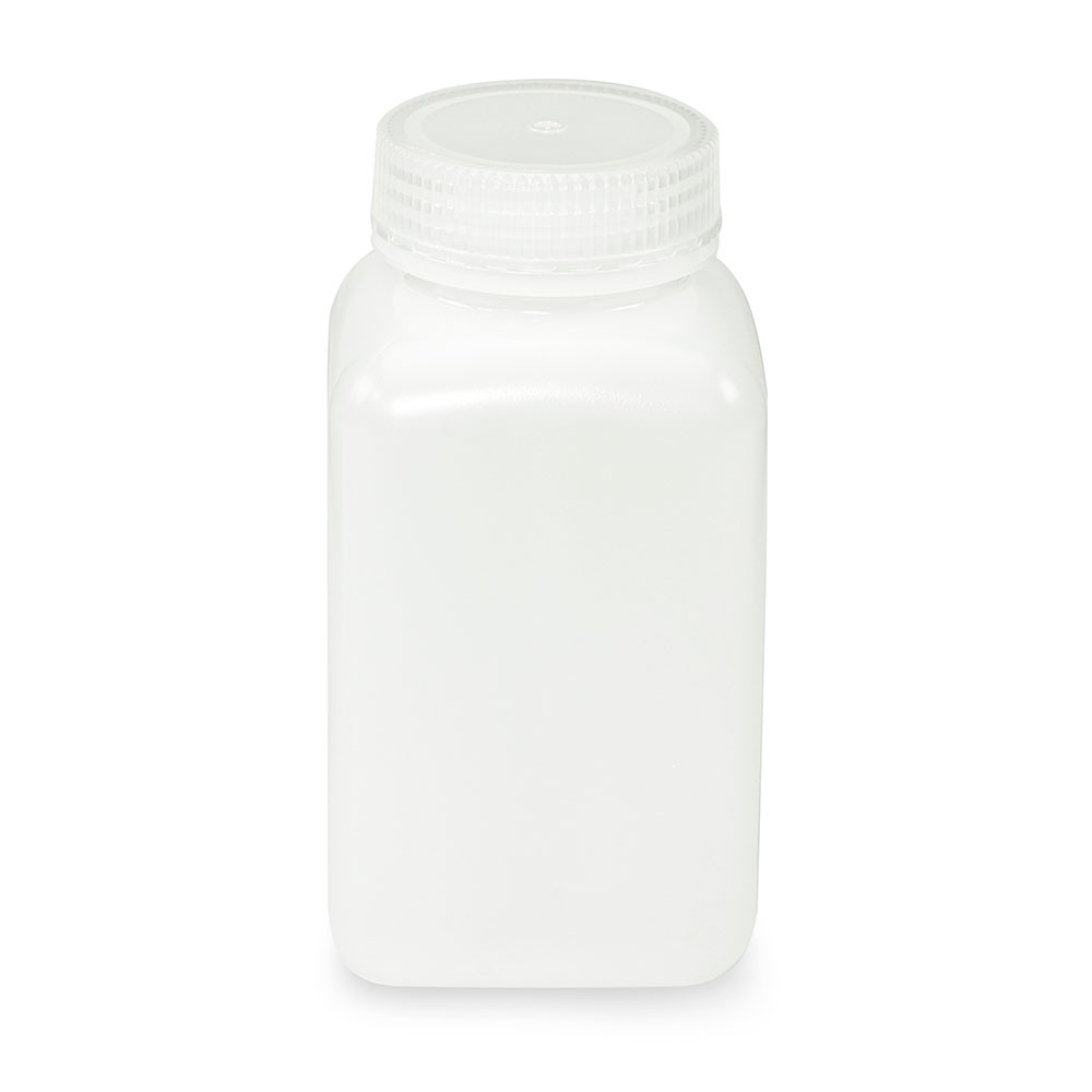 White square plastic lab bottle with wide mouth and ribbed screw cap.
