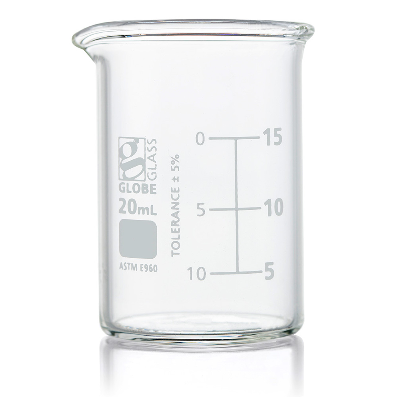 Beaker, Globe Glass, 20mL, Low Form Griffin Style, Dual Graduations, ASTM E960, 12/Box