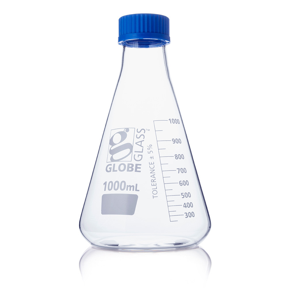 Clear glass 1000mL Erlenmeyer flask with white graduations and a blue screw cap.