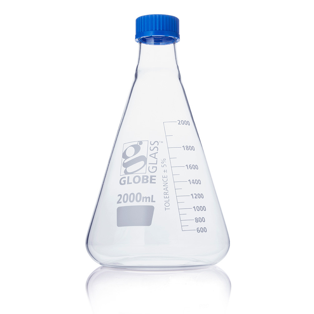 A 2000mL glass Erlenmeyer flask with a blue screw cap and white volume graduations.