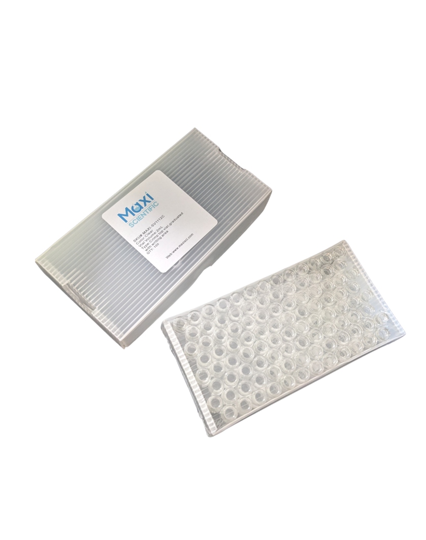 A closed box and an open tray of clear glass autosampler vials from Maxi Scientific.