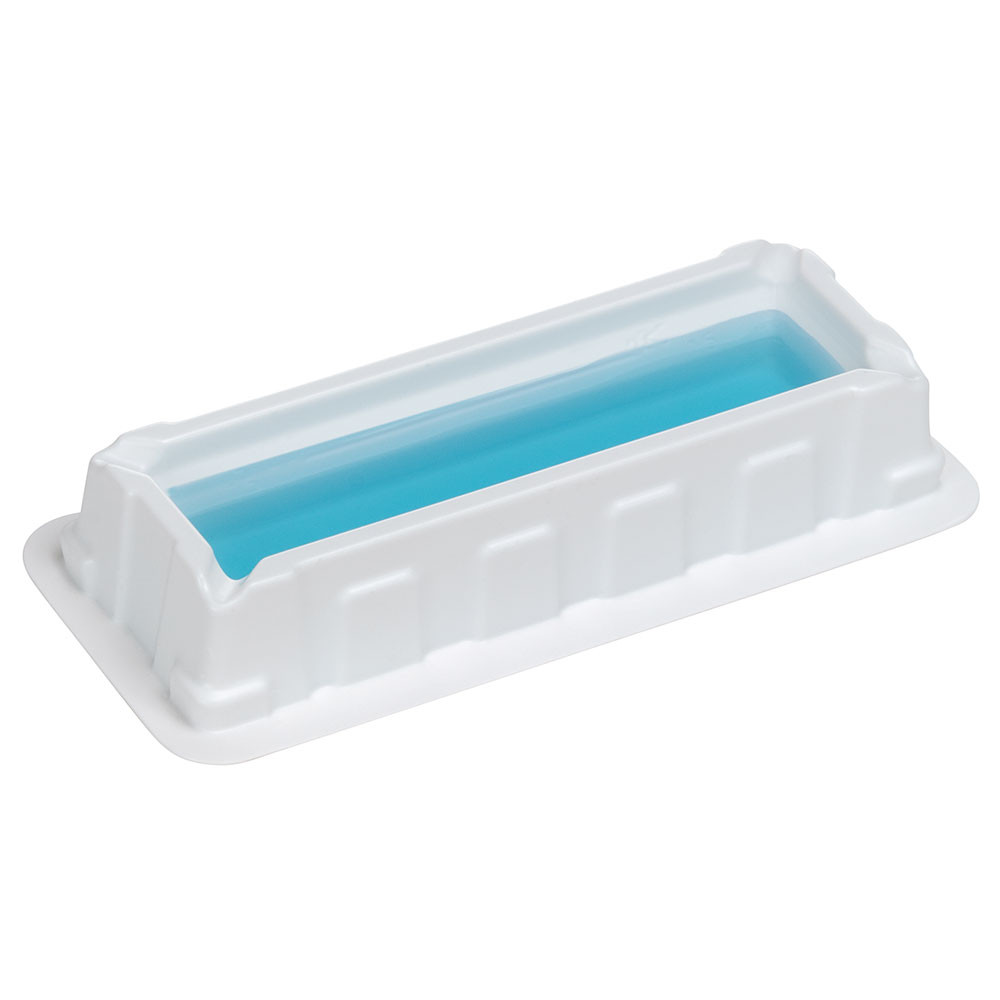 White plastic 25mL disposable reagent reservoir filled with blue liquid, viewed from above at an angle.
