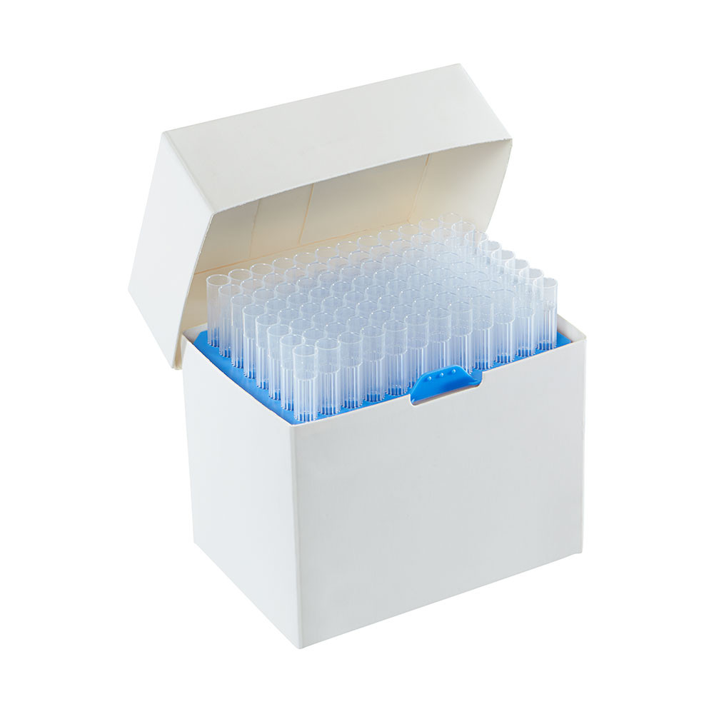 Open white cardboard rack filled with transparent pipette tips in a blue insert.