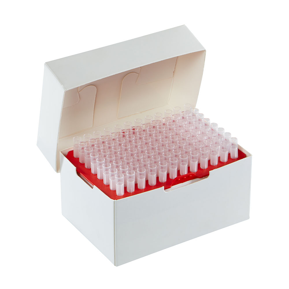 An open white cardboard rack filled with translucent pipette tips held in a red plastic insert.