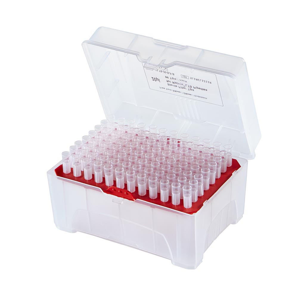 Open clear plastic rack filled with 96 sterile 20ul LTS filter pipette tips over red insert.