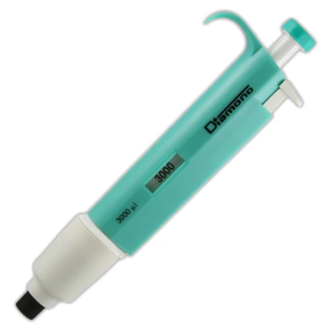 Light green Diamond fixed volume 3000 uL micropipette with white tip cone and push button.