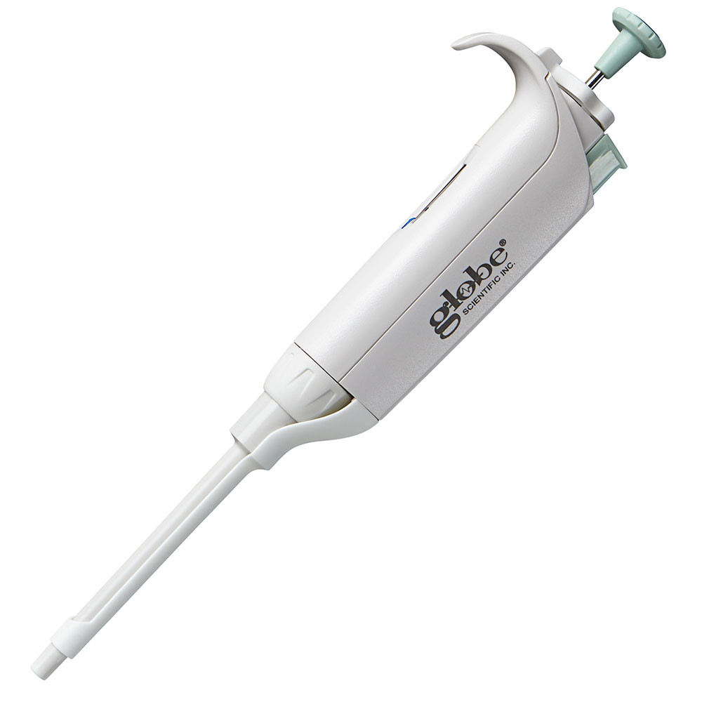 Globe Scientific LTS adjustable pipette in white with a green plunger, angled view.