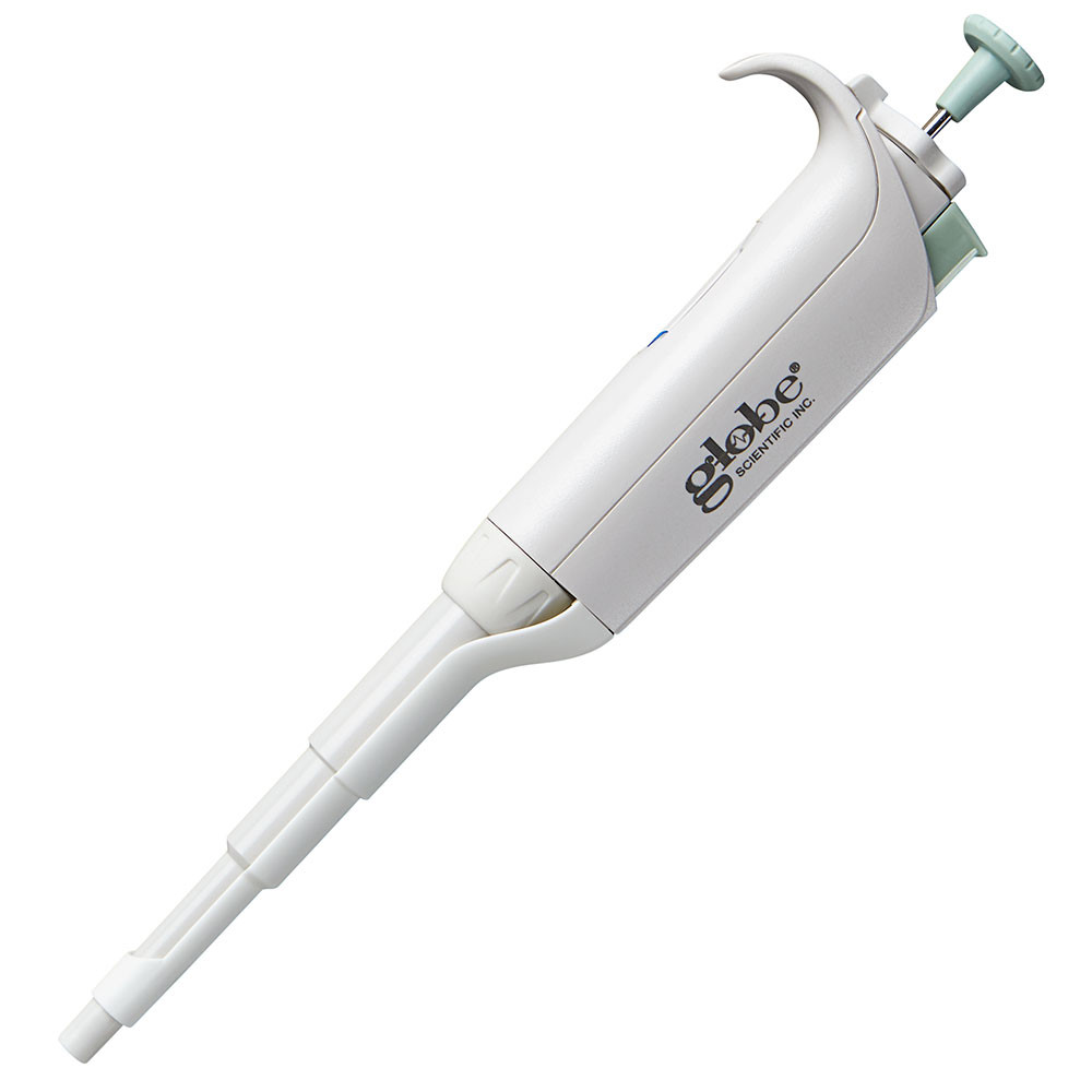 White Globe Scientific LTS pipette shown diagonally on a white background with a light green plunger.