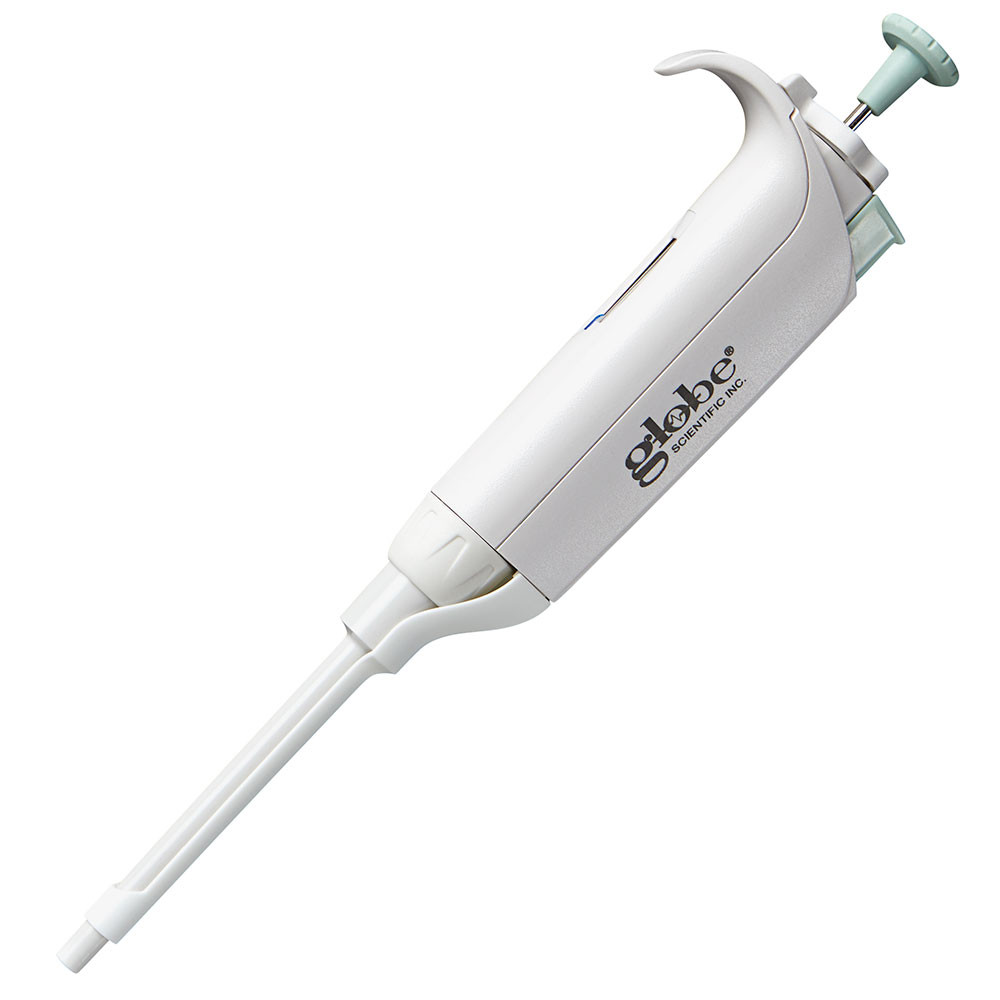 Globe Scientific LTS adjustable volume pipette in white with a light green plunger and tip.