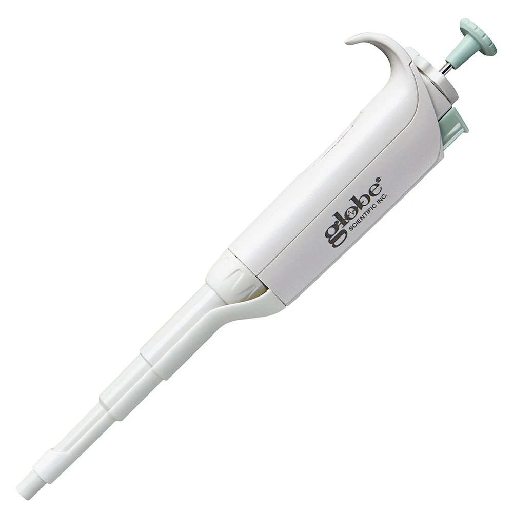 Globe Scientific white Diamond PosiStop LTS pipette with light blue plunger on white background.