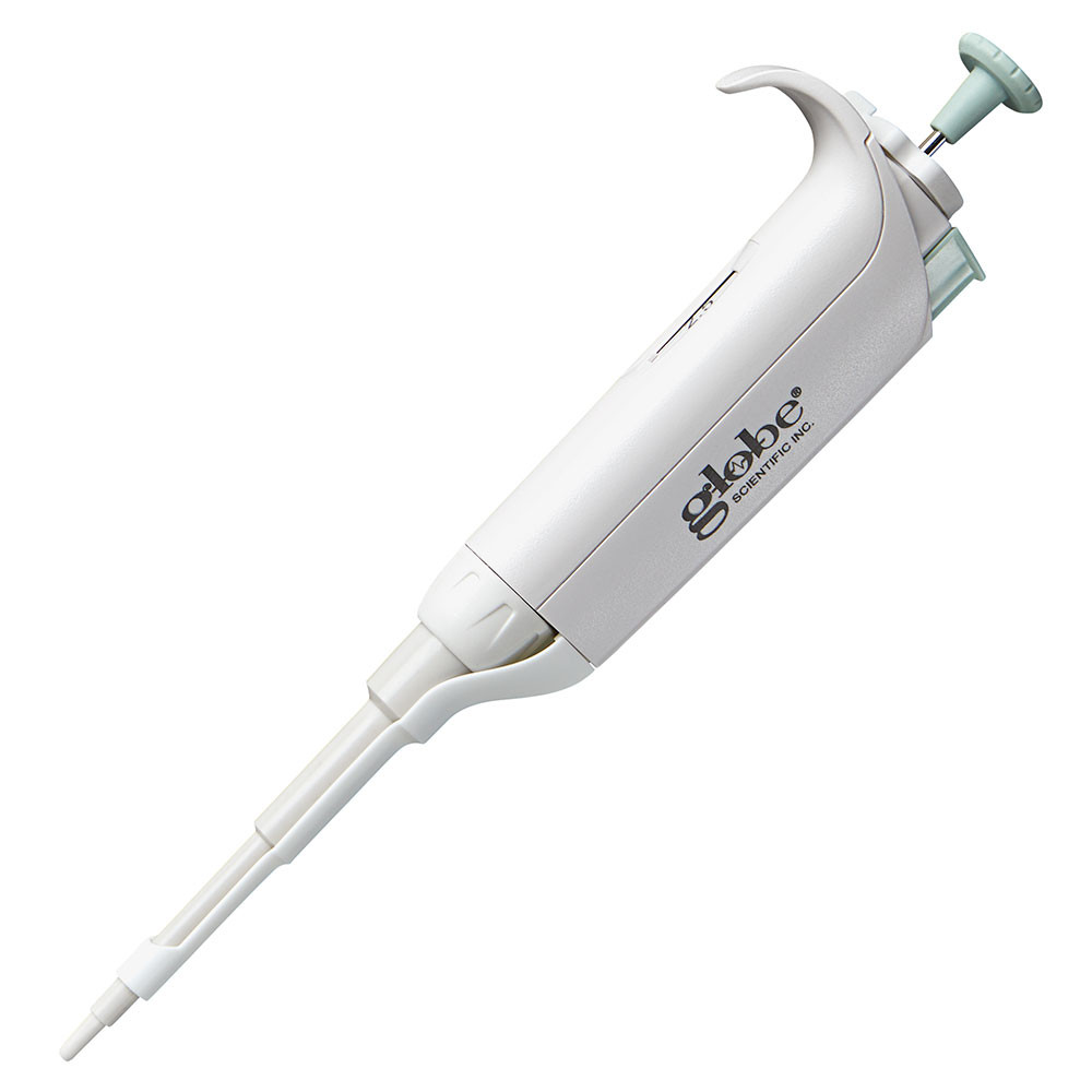 White Globe Scientific fixed-volume 2.5uL pipette at an angle, showing its light-green plunger and tip.