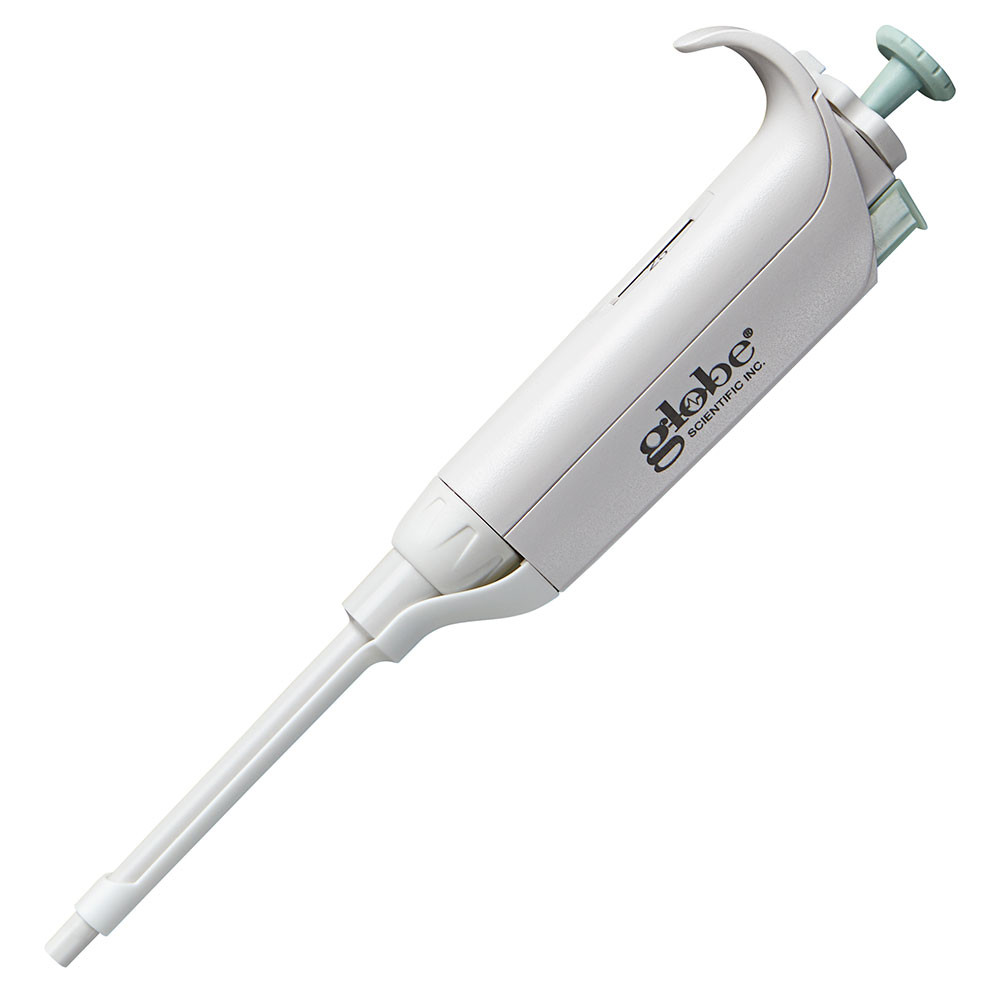 White Globe Scientific Diamond PosiStop fixed-volume LTS pipette with a light green plunger on a white background.