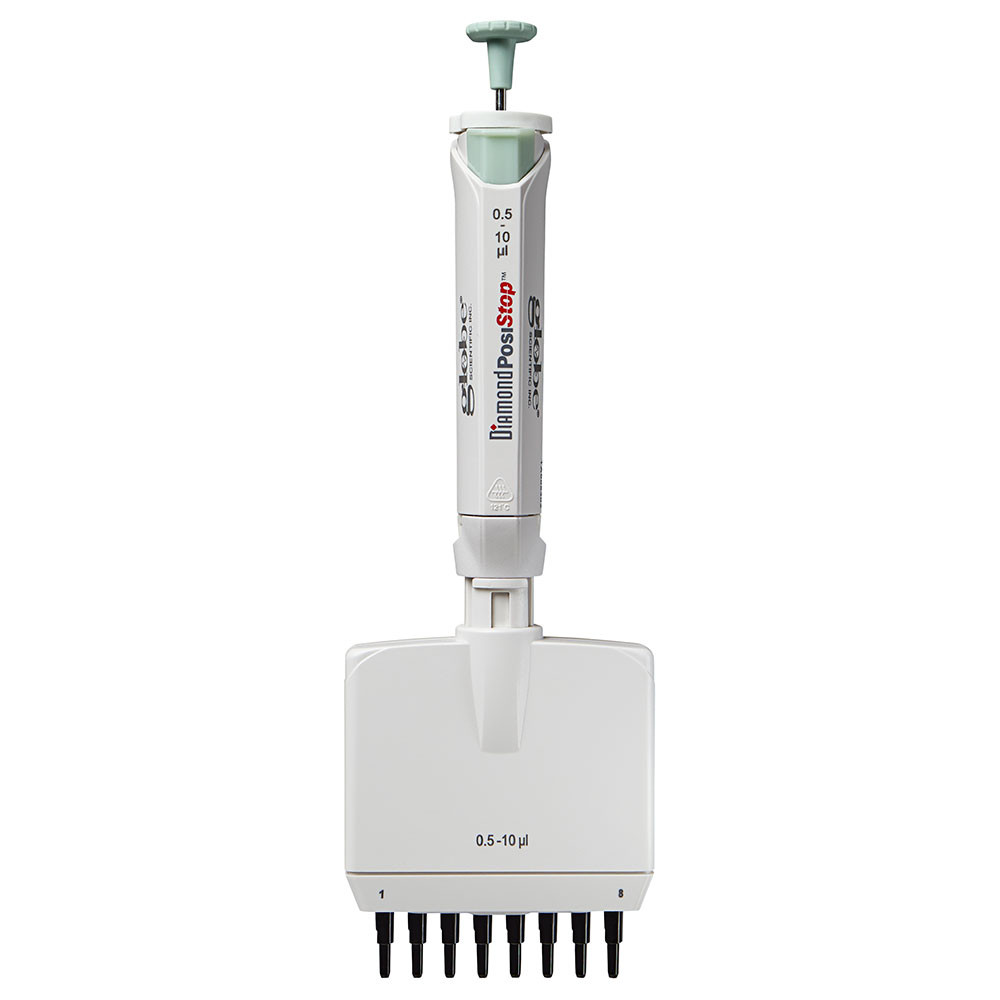 Globe Scientific white 8-channel adjustable volume pipette (0.5-10uL) with green plunger button.