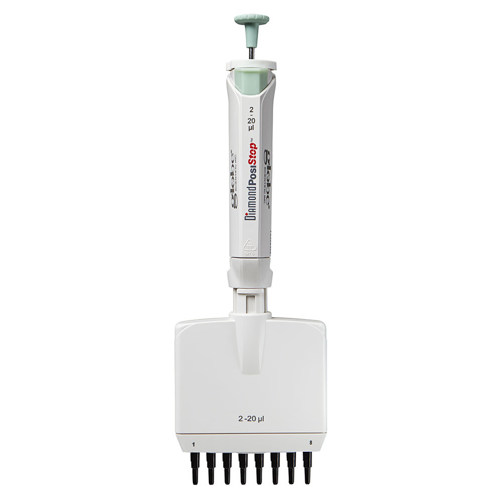 Globe Scientific 8-channel adjustable volume pipette in white with green plunger and black tips.
