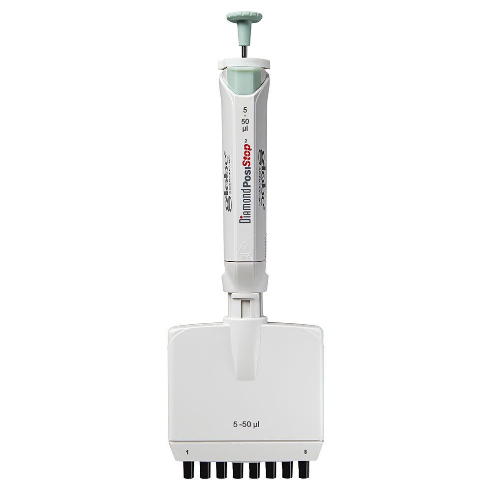 White Globe Scientific 8-channel adjustable pipette with green plunger, 5-50uL.