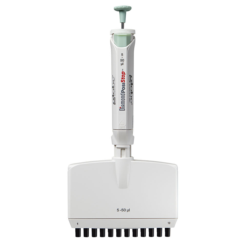 Globe Scientific 12-channel adjustable green and white LTS pipette, 5-50uL volume range.