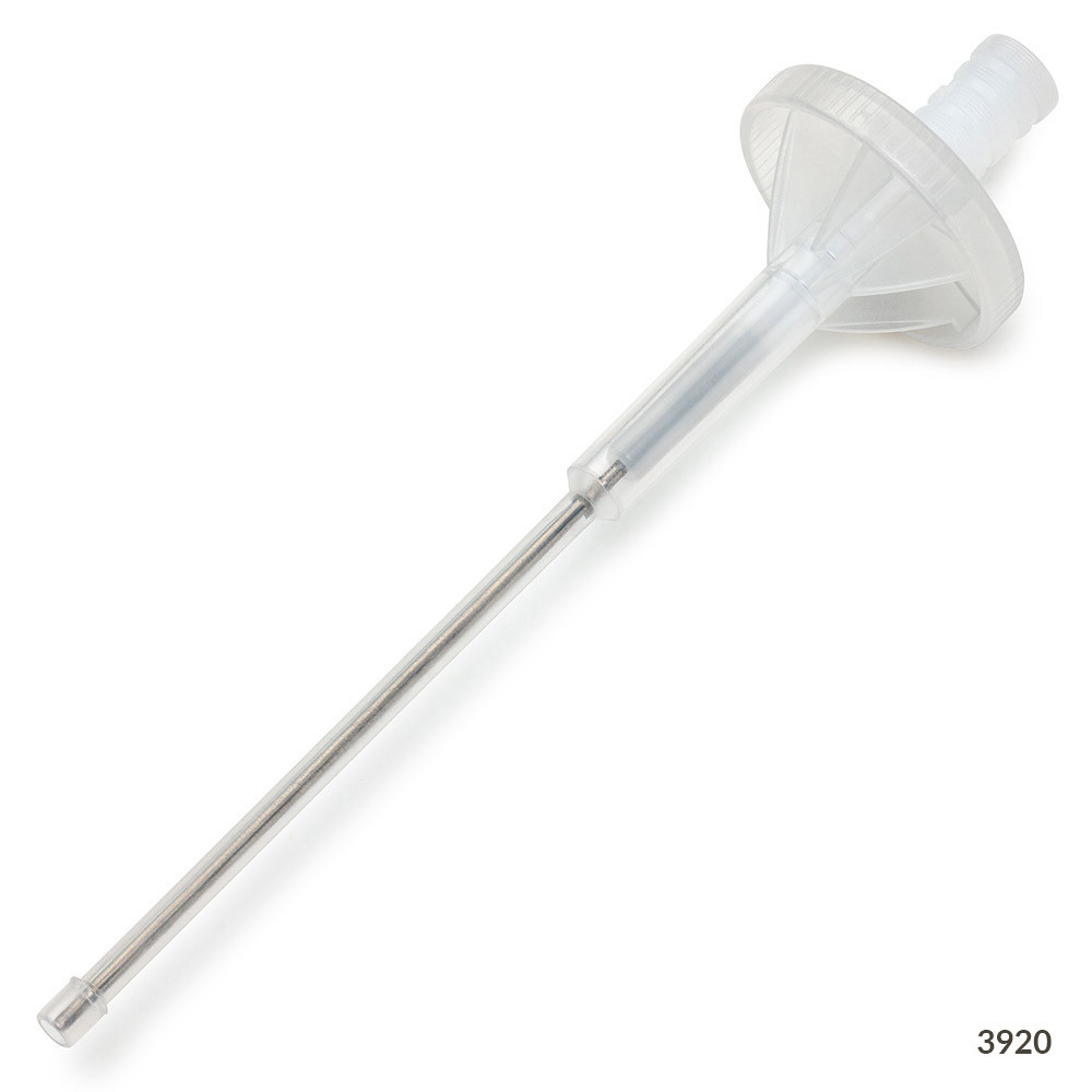 Clear plastic RV-Pette PRO dispenser syringe tip with a long metal needle and wide cap.