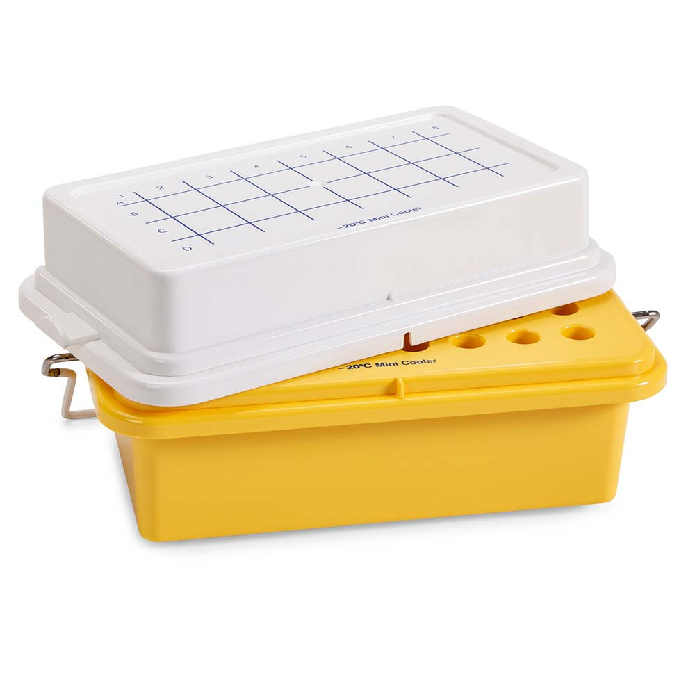 Yellow and white polycarbonate 32-place mini cooler with gel-filled lid and grid markings.