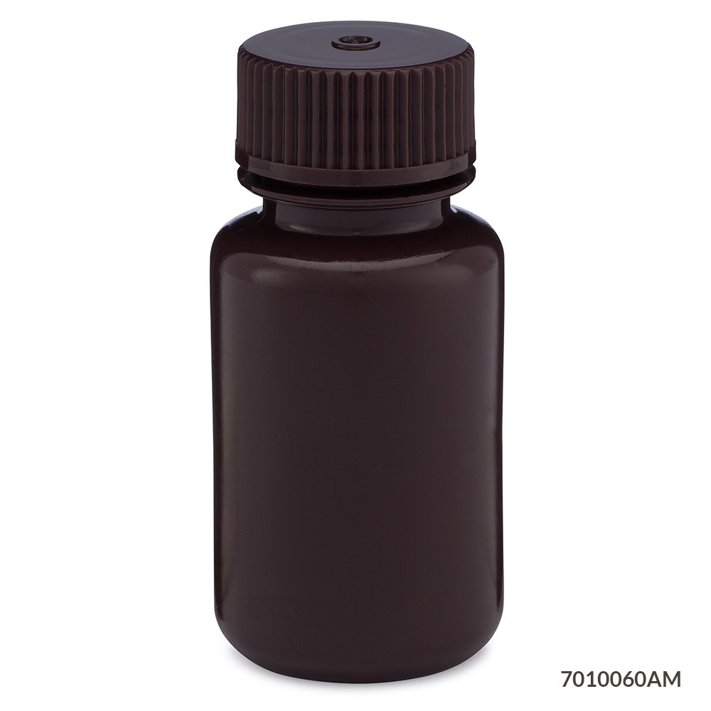 Amber wide-mouth HDPE bottle with ribbed screw cap against a white background.