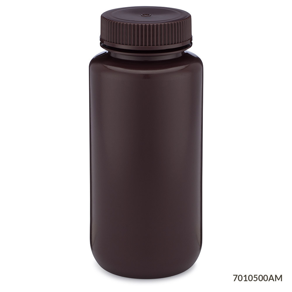 Globe Scientific amber wide-mouth HDPE bottle with a brown screw cap, viewed from the front.