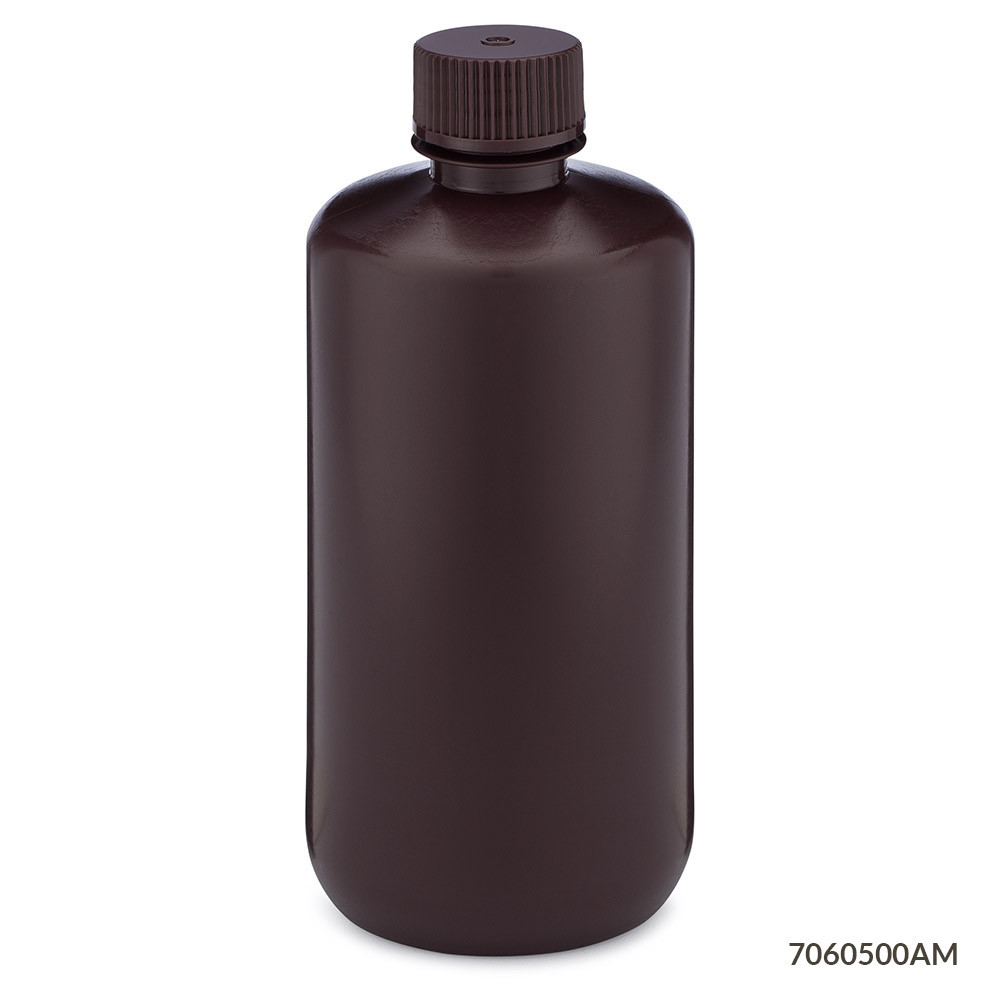 Amber narrow-mouth plastic bottle with ribbed screw cap against a white background.