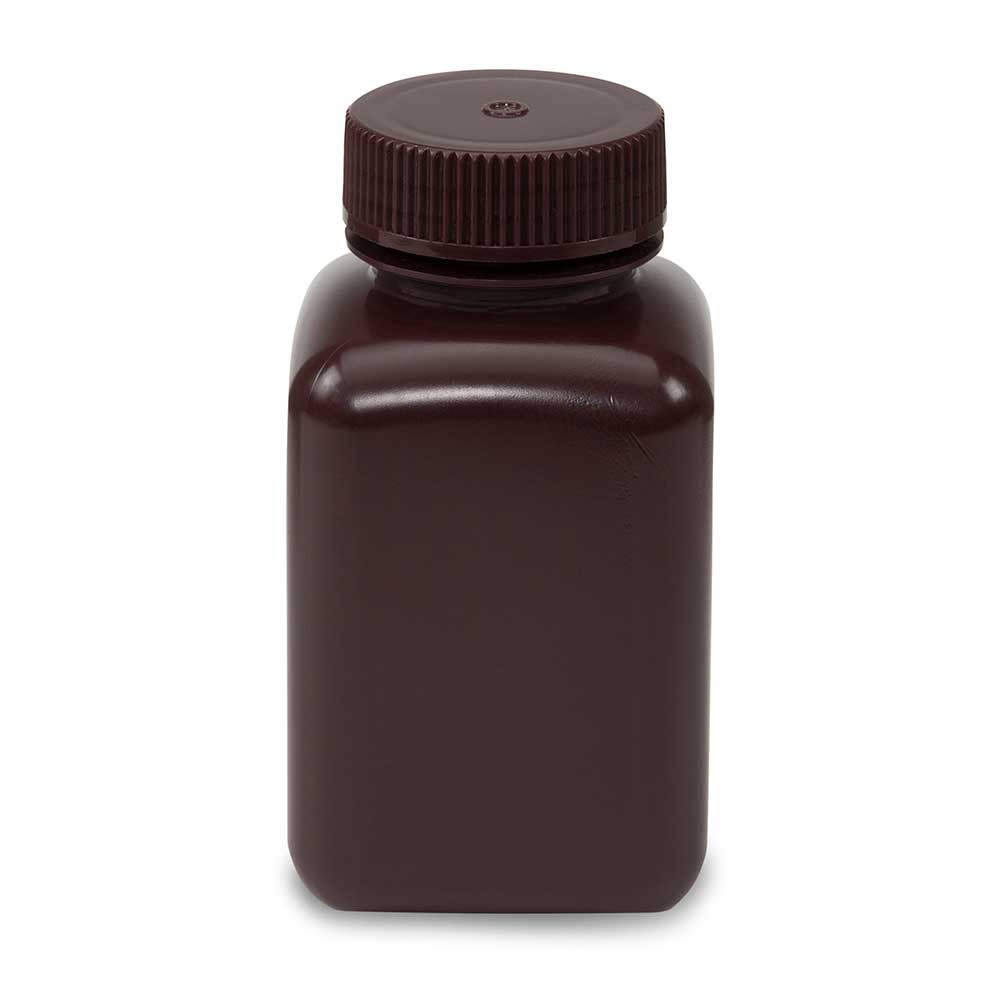 Amber square plastic wide mouth laboratory bottle with matching screw cap, upright view.