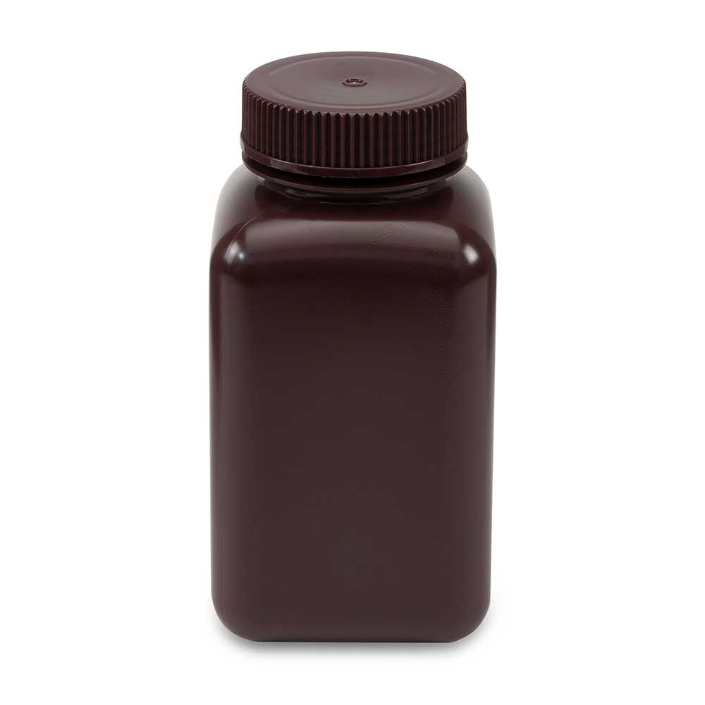 Brown amber square plastic wide-mouth laboratory bottle with a threaded screw cap viewed from the front.