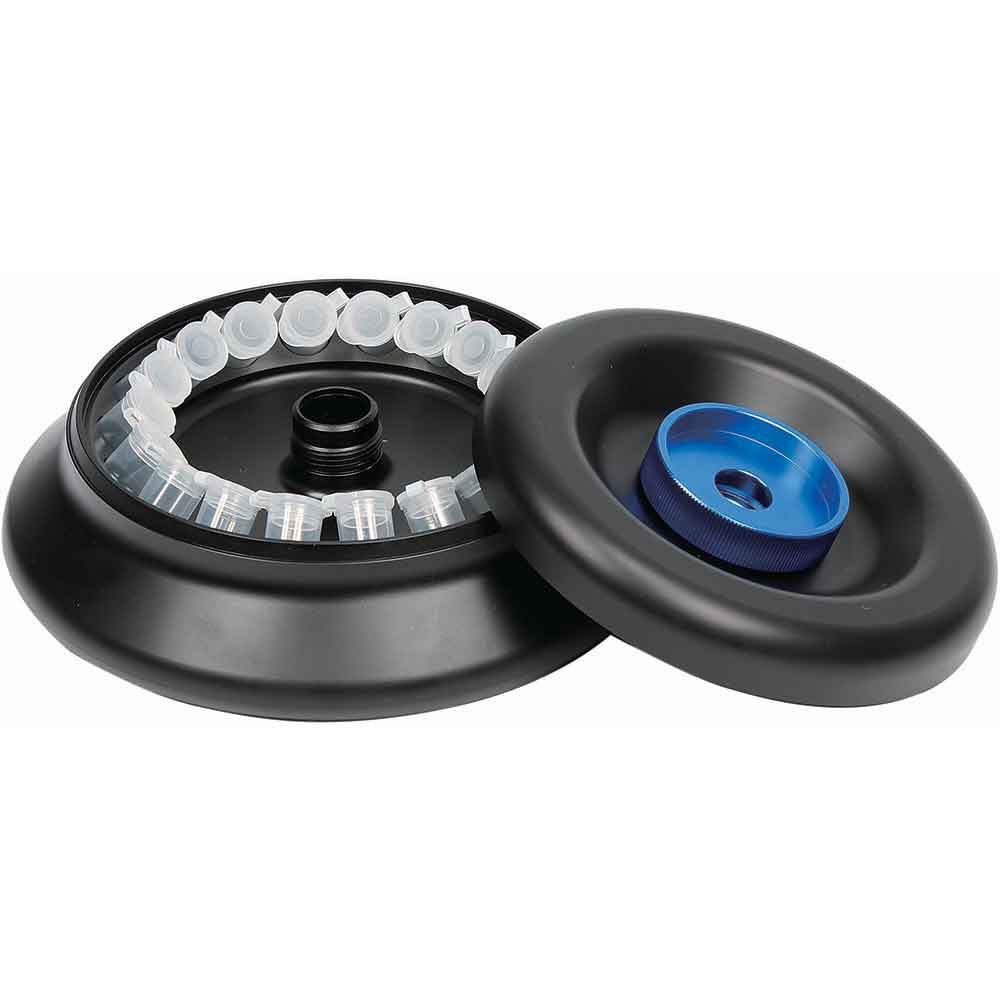 Black aluminum centrifuge rotor holding 5mL tubes, with detached blue lid beside it.